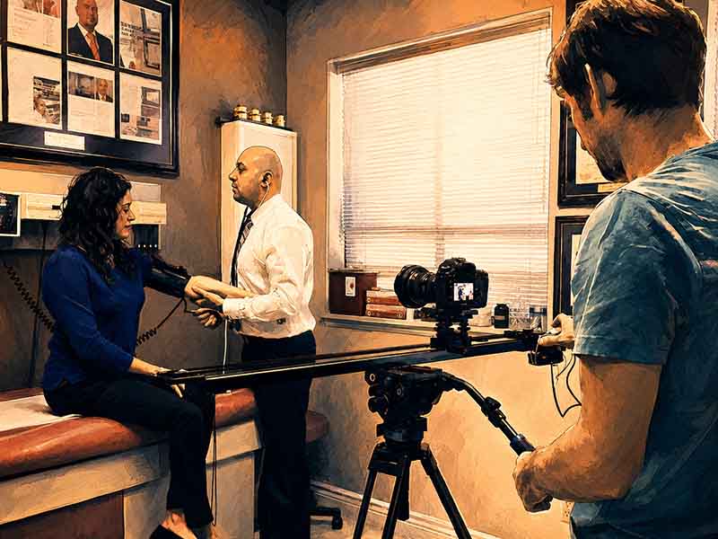 K&F crew filming an interview setup for a Toronto business video production