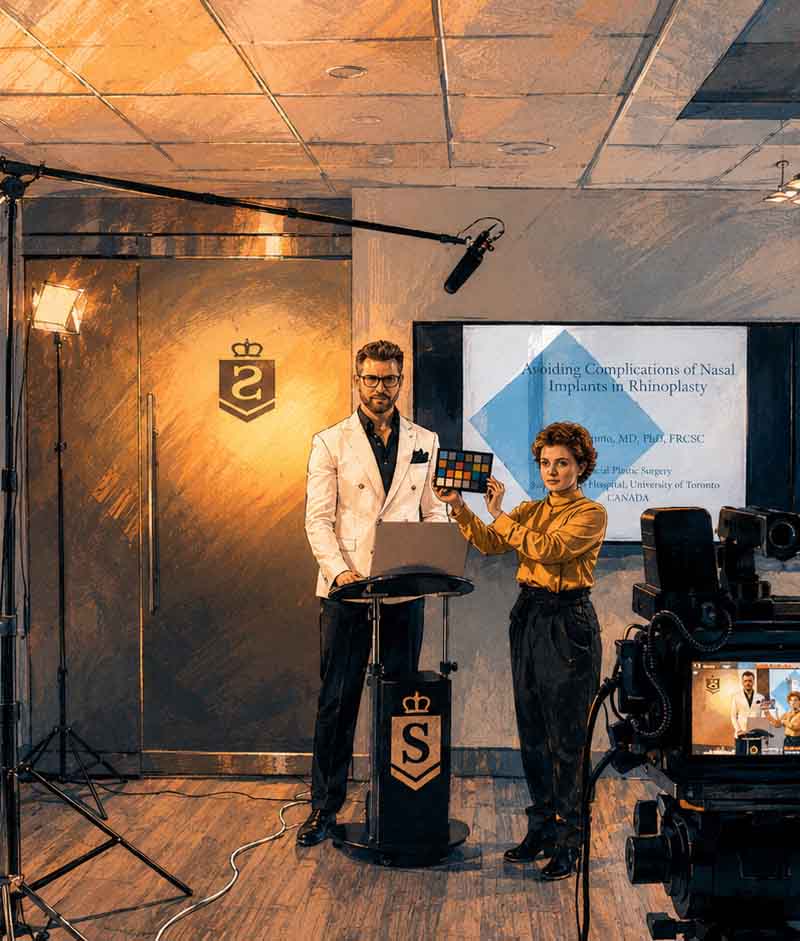 Corporate production setup with camera, lighting, and presentation filming