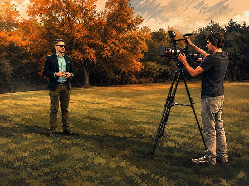 On-location video production crew filming outdoors in a cinematic style