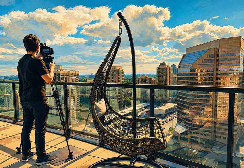 Property photography setup on a high-rise balcony overlooking a city skyline