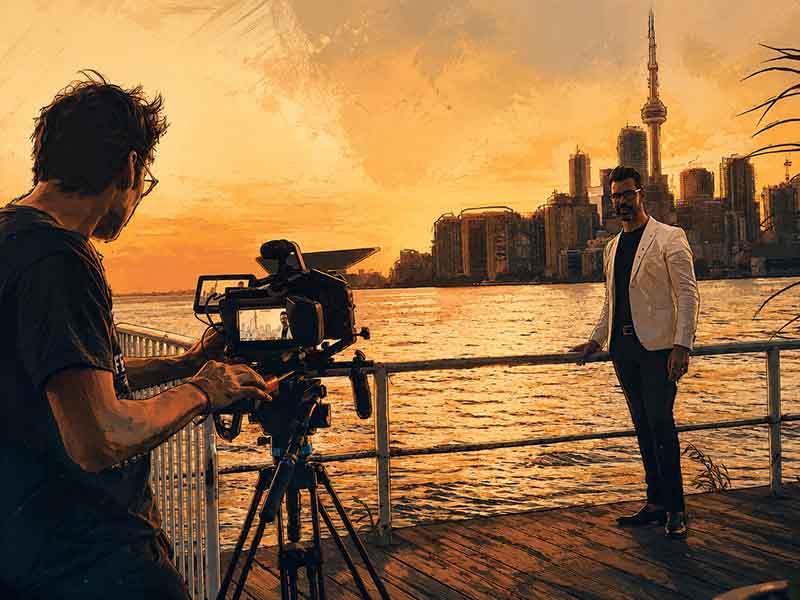 Toronto skyline video production setup with camera and presenter by the water