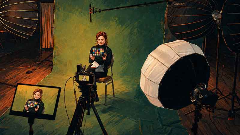 Studio camera monitor and lighting setup for professional video editing work